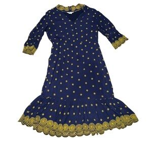 Boden Bronwen Navy Blue Midi Dress Yellow Floral Embroidery & Scalloped Hem 6R